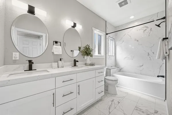 a bathroom with a double vanity sink a toilet a mirror and shower