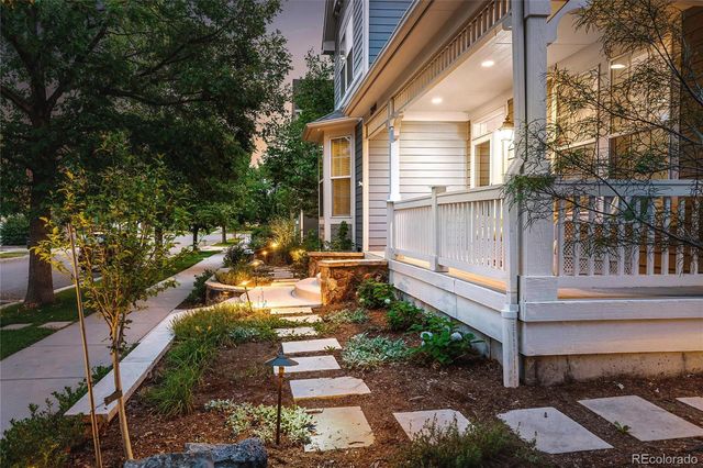 a view of a backyard with plants and large trees