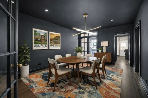 a view of a dining room with furniture