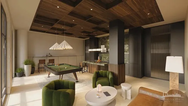 a living room with furniture and a table