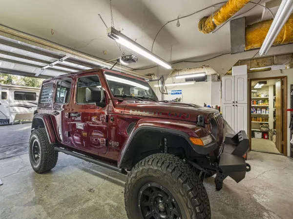 a car is parked in a garage