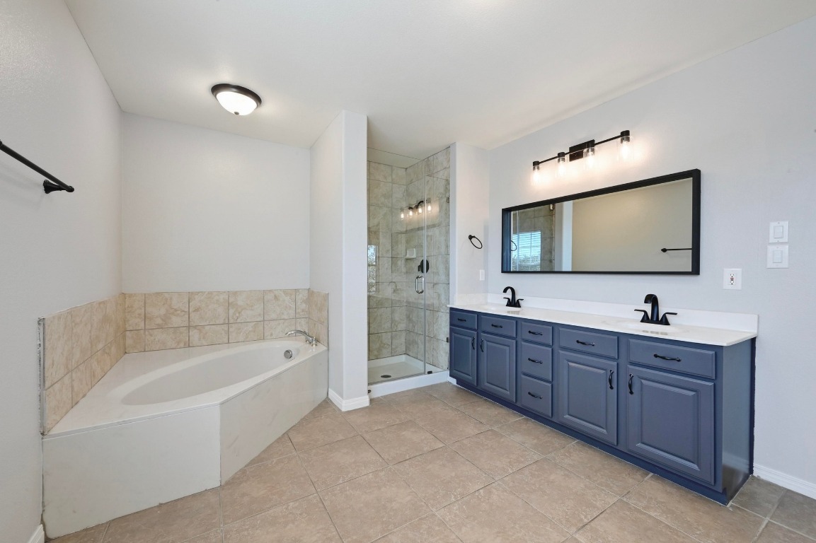 4204 Bob Wire Road Spicewood, TX 78669 - Photo 15 of 24 a spacious bathroom with a tub sink a mirror and a bathtub