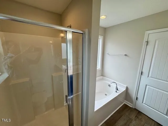 a bathroom with a bathtub and a shower