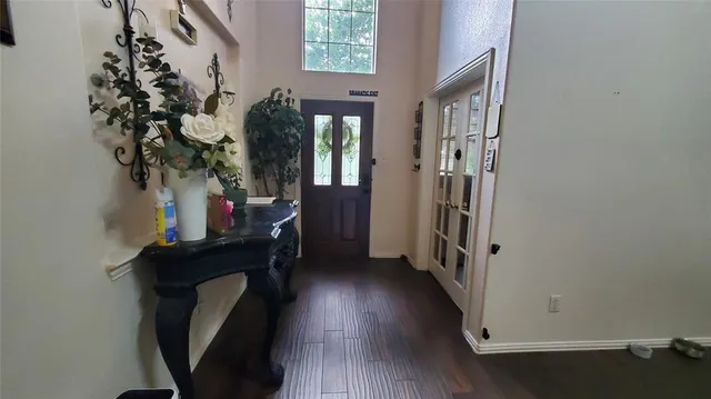 an entryway with a flower pot and a window