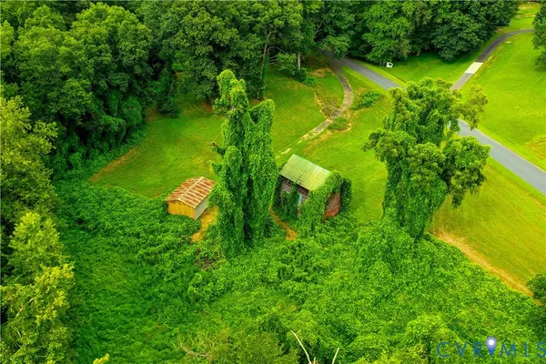 a backyard of a house with lots of green space and plants
