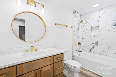 a bathroom with a sink a mirror a toilet and a bathtub