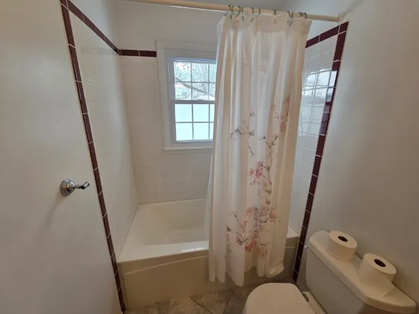 a bathroom with a shower and a toilet