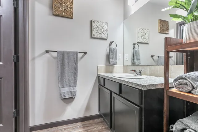 a bathroom with a sink and a mirror