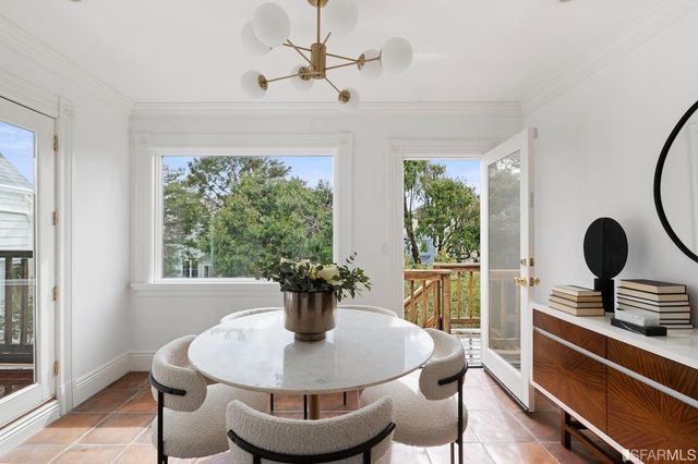 a view of a dining room with furniture window and outside view