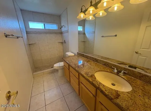 a bathroom with a granite countertop sink a mirror and a shower