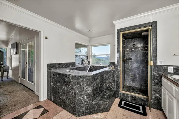 a bathroom with a granite countertop sink a mirror and shower