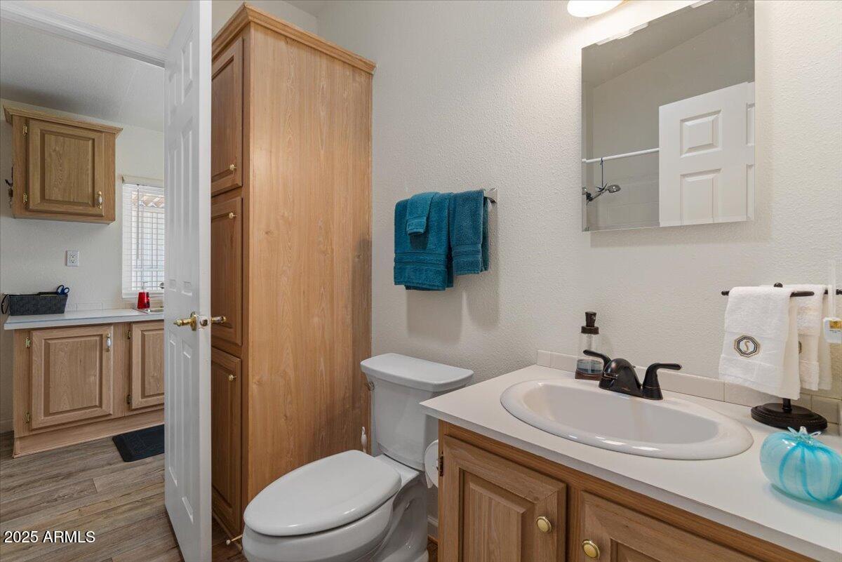 834 South Meridian Road, Unit 54 Apache Junction, AZ 85120 - Photo 32 of 56 a bathroom with a sink toilet and mirror