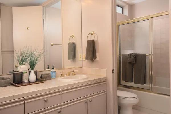 a bathroom with a sink a toilet and shower