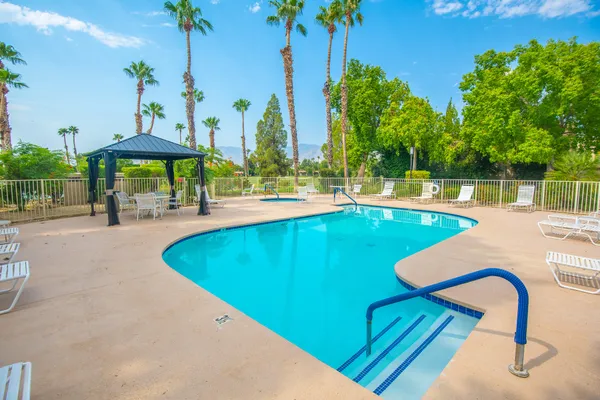 a view of a swimming pool with outdoor seating and plants