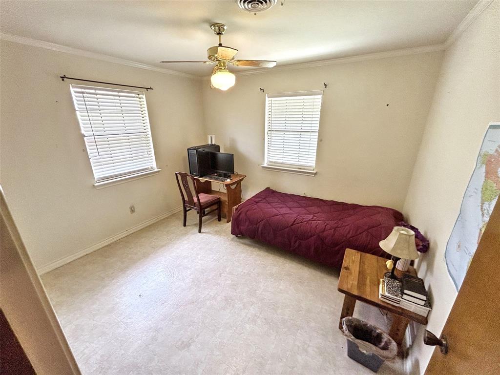 4905 Rippy Road Flower Mound, TX 75028 - Photo 16 of 29 Bedroom with crown molding, an office area, baseboards, ceiling fan, and light carpet