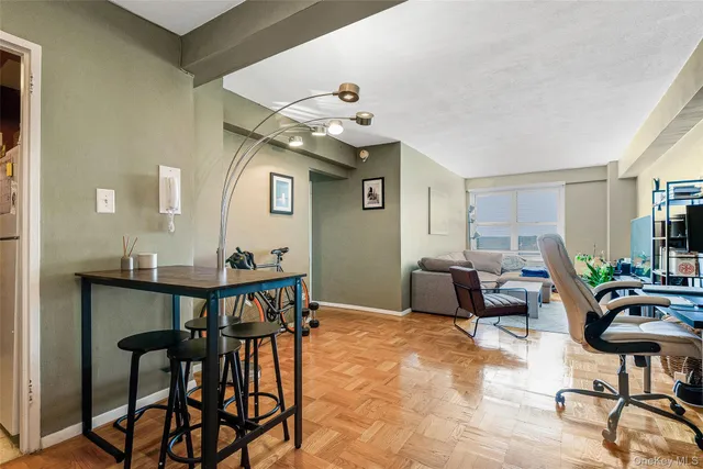 a view of a dining room with furniture