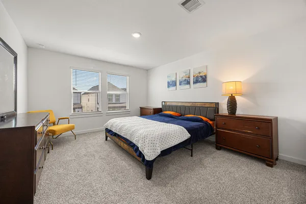 a bedroom with a bed and dresser