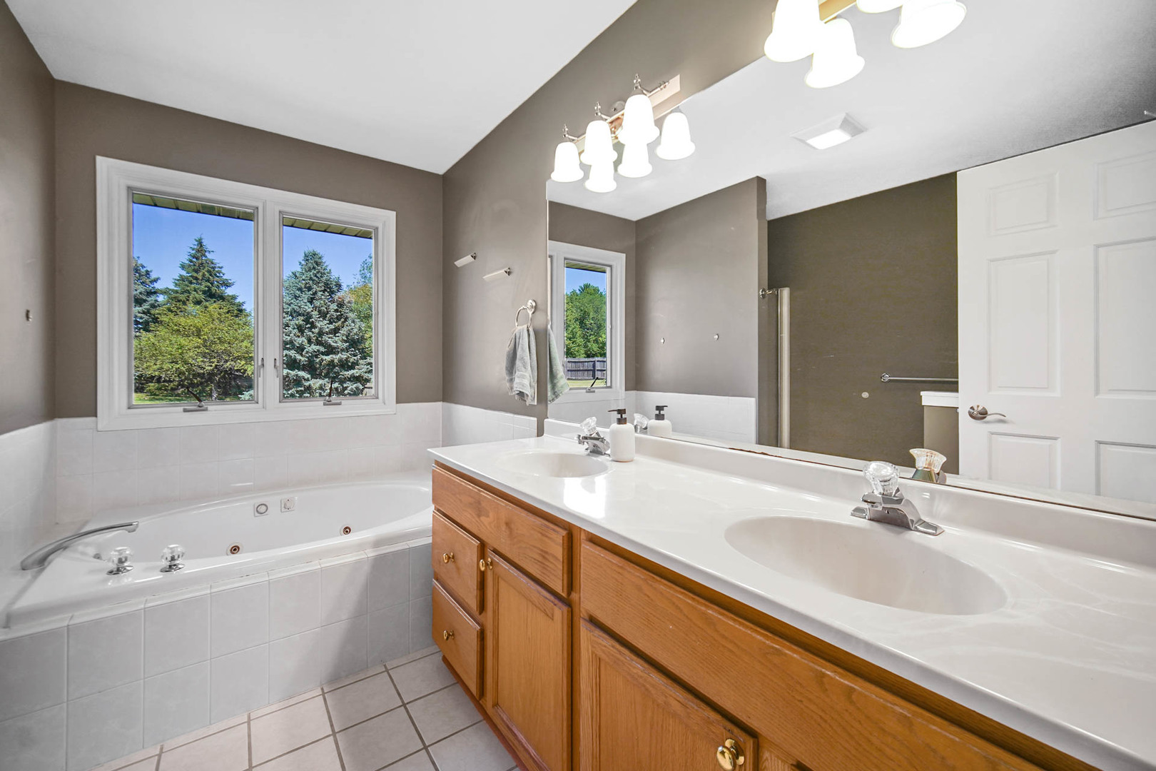 958 Willow Circle DeKalb, IL 60115 - Photo 21 of 35 a bathroom with a sink a large mirror and a bathtub next to a window