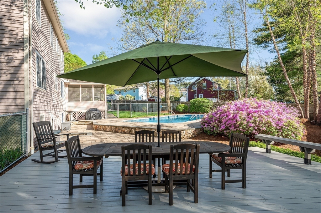 16 Haystack Road Reading, MA 01867 - Photo 33 of 42 a view of a dining tables and chairs under an umbrella in the patio
