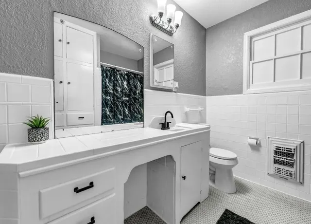 a bathroom with a sink a toilet and mirror