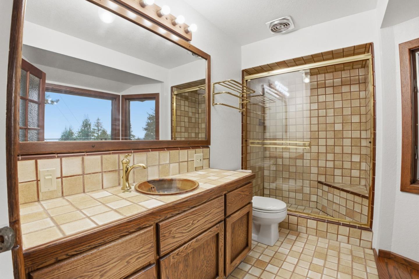 15245 Stetson Road Los Gatos, CA 95033 - Photo 48 of 60 a bathroom with a sink a toilet a mirror and shower