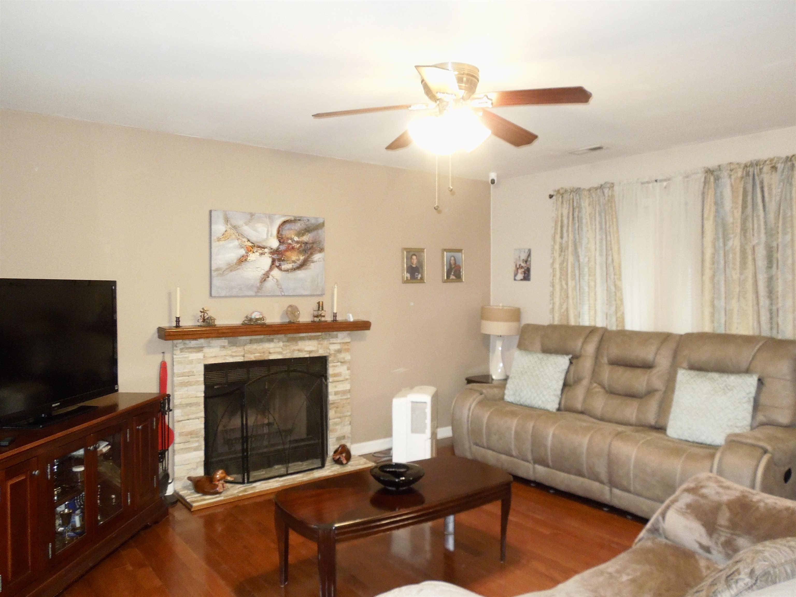 815 Willow Trace Myrtle Beach, SC 29572 - Photo 2 of 20 Living room featuring wood finished floors, a fireplace, and a ceiling fan