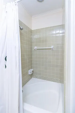 a bathroom with a bathtub