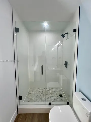a bathroom with a shower and a toilet