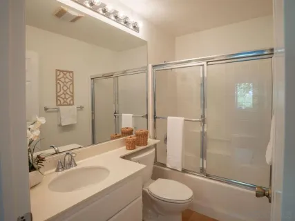 a bathroom with a sink toilet and shower