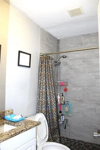 a bathroom with a granite countertop sink a toilet and shower curtain
