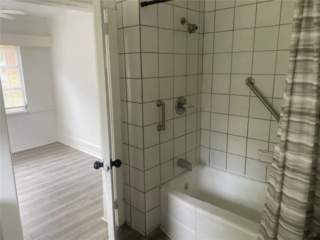 a bathroom with a bathtub