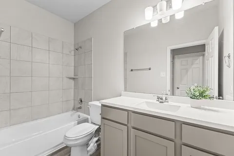 a bathroom with a sink a toilet a mirror a bathtub and shower