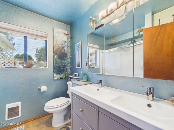 a bathroom with a sink a toilet and shower