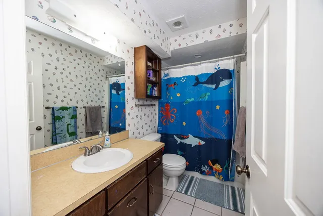 a bathroom with a sink vanity mirror and toilet