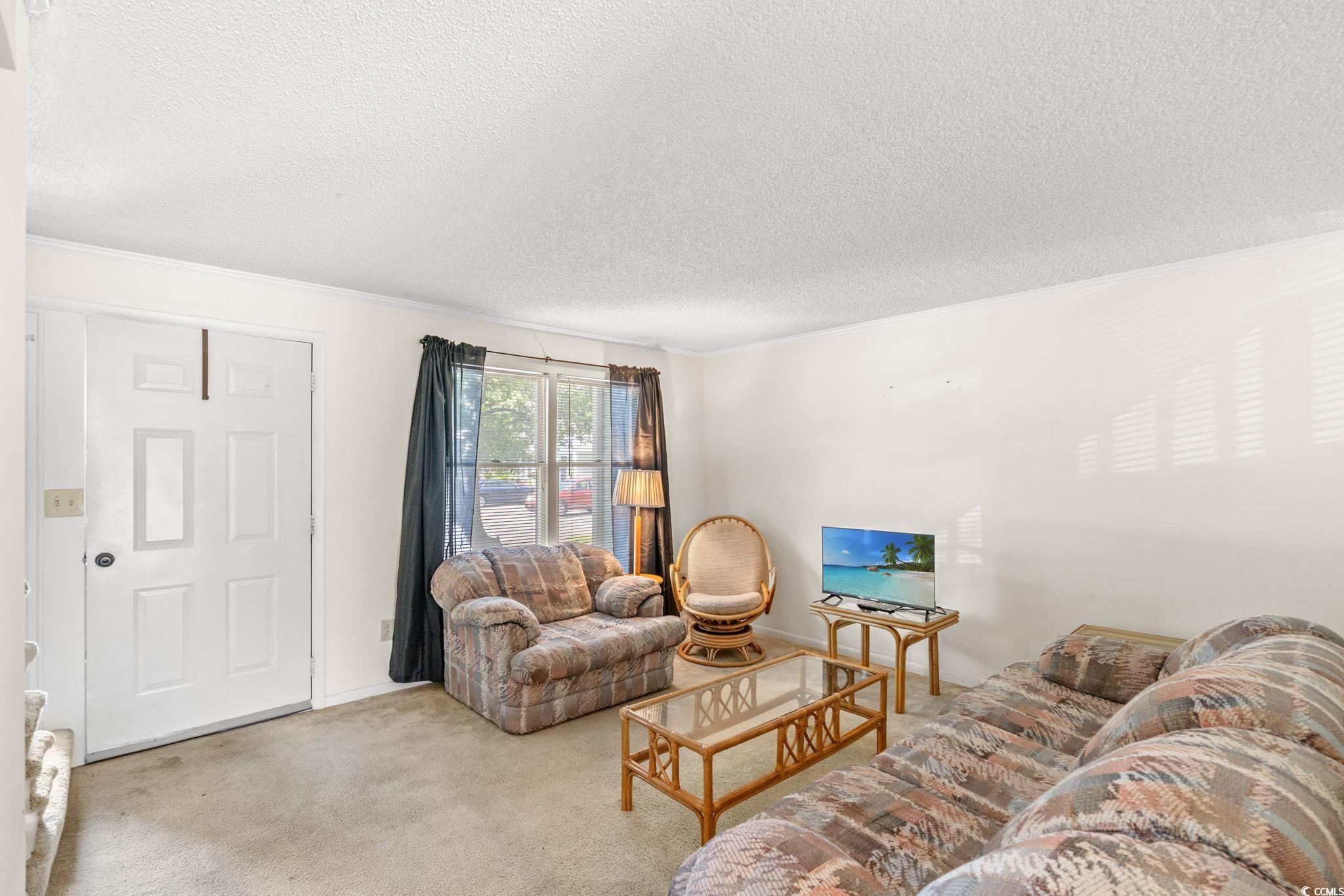 4115 Little River Road, Unit 10E Myrtle Beach, SC 29577 - Photo 6 of 23 Living area featuring crown molding, a textured ceiling, and carpet flooring