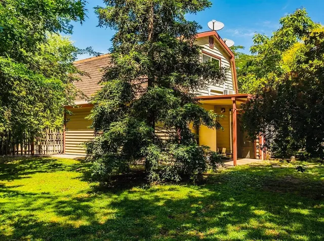 a backyard of a house with lots of plants and large trees