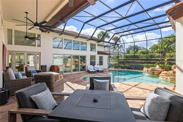 a view of a swimming pool with a yard