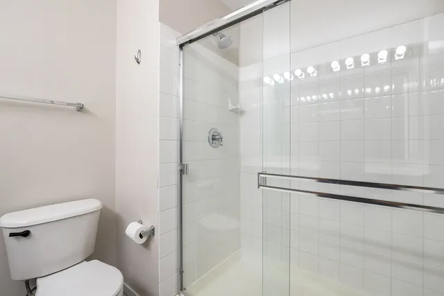 a bathroom with a shower and a toilet