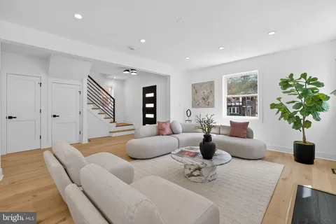 a living room with furniture and potted plant