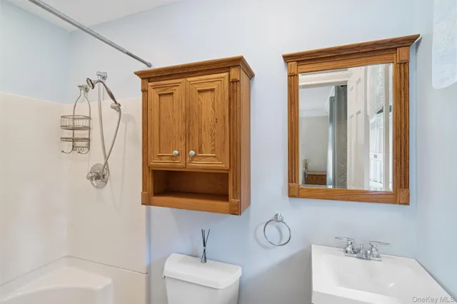 a bathroom with a sink a mirror and shower