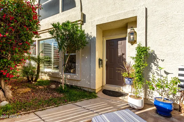 a view of a house with a yard and potted plants