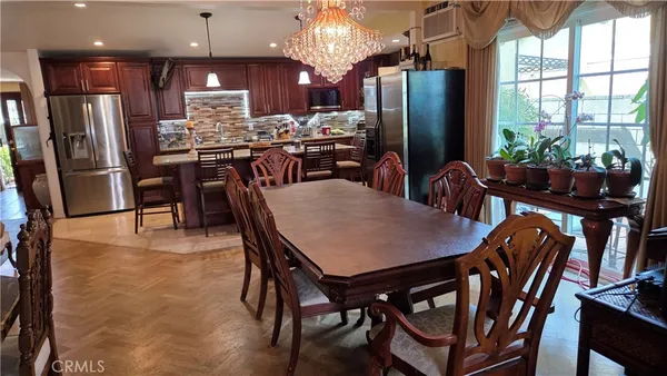 a view of a dining room with furniture