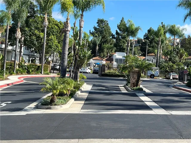 a view of a park with large trees