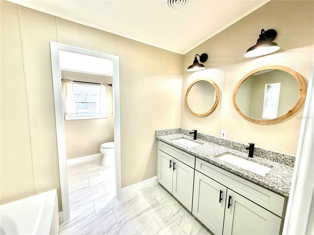 17726 Dorman Road Lithia, FL 33547 - Photo 14 of 16 a en suite bathroom with a granite countertop sink and a mirror