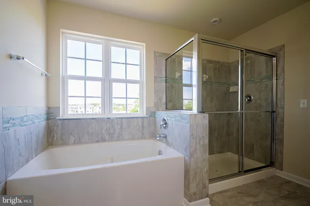 a bathroom with a bathtub and a shower