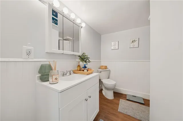 a bathroom with a sink a toilet and vanity