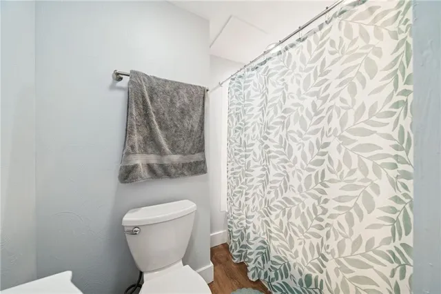 a bathroom with a toilet and a shower curtain