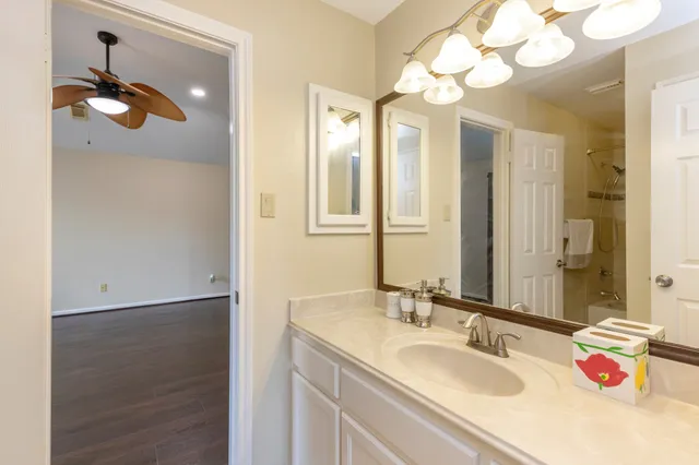 a bathroom with a sink vanity and a mirror