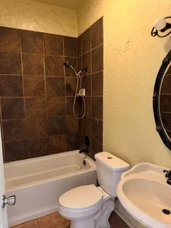 a bathroom with a sink a mirror and a shower