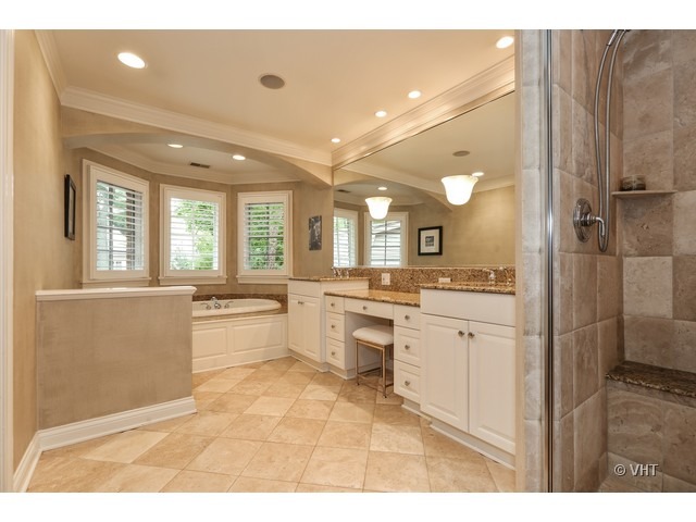 318 Forest Road Hinsdale, IL 60521 - Photo 12 of 23 a large bathroom with a glass door shower a sink and a mirror